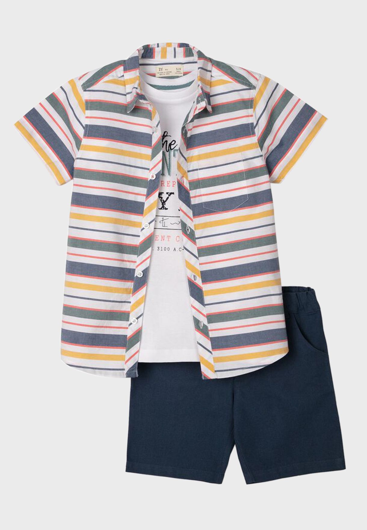 Kids Striped Shirt+ T-shirt + Shorts Set