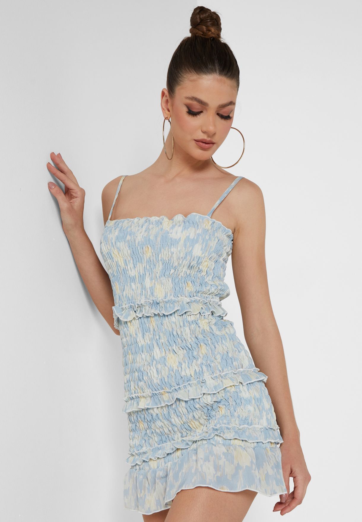 Ruffle Detail Printed Strappy Dress