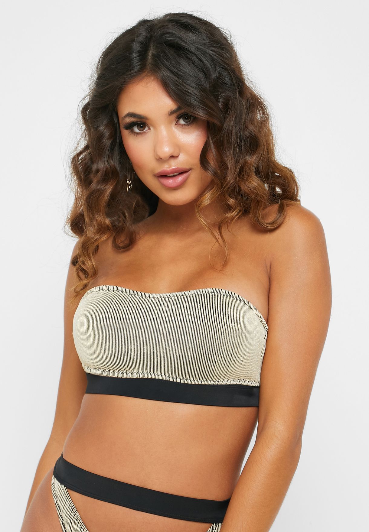 Contrast Detail Striped Bandeau Bikini Top