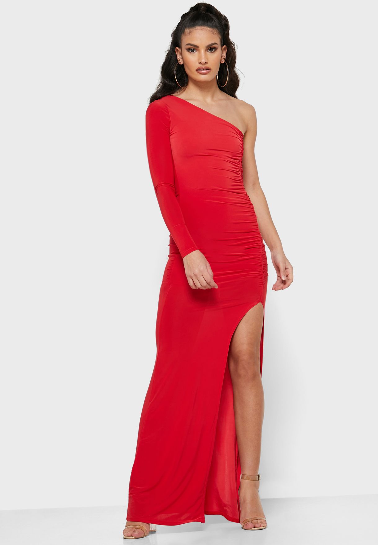 one shoulder ruched maxi dress