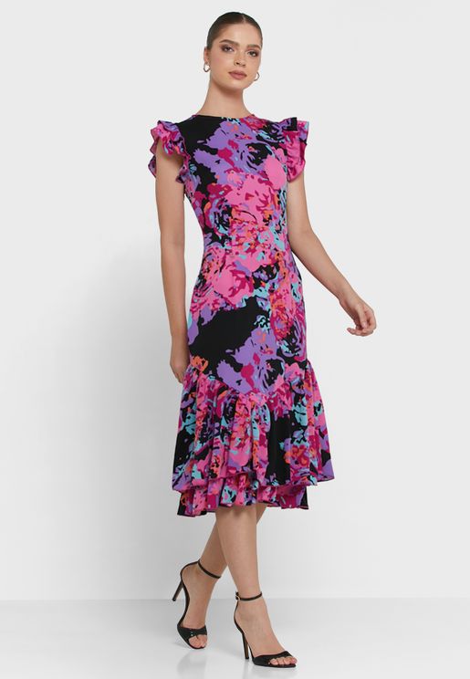 Ruffle Hem Floral Abstract Midi Dress In Multi
