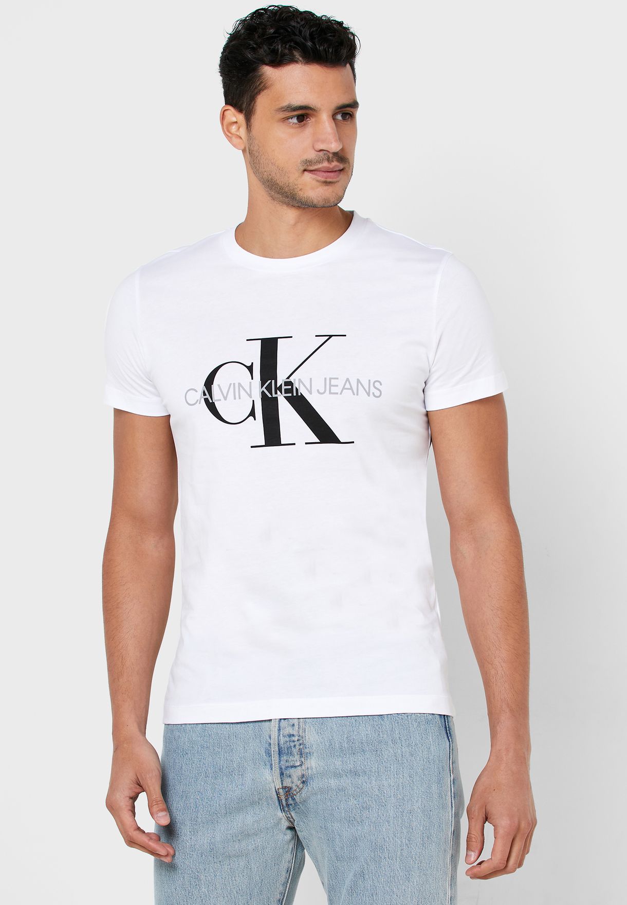 Buy Calvin Klein Jeans white Monogram Crew Neck T-Shirt for Men in MENA ...