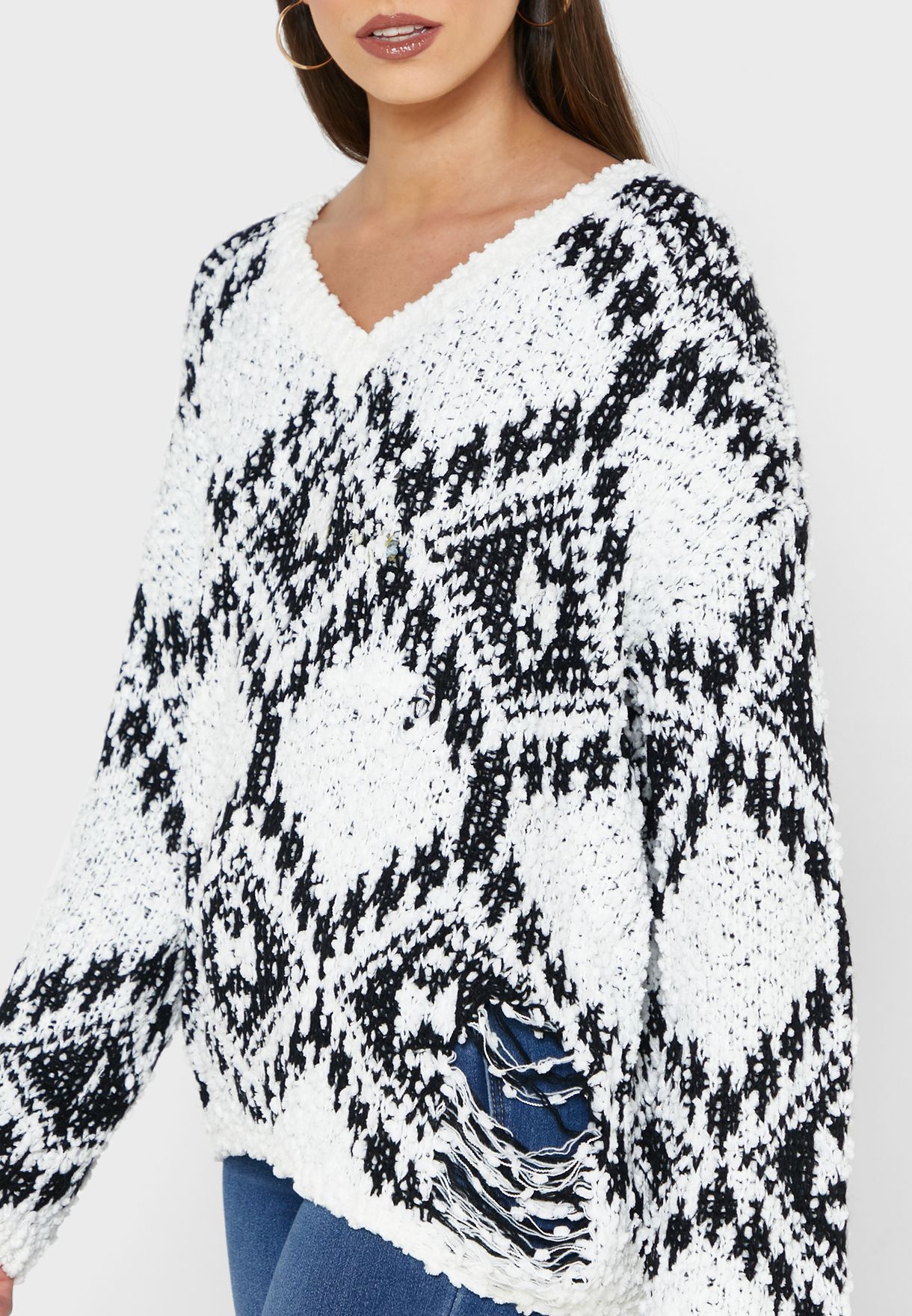 V-Neck Abstract Print Sweater