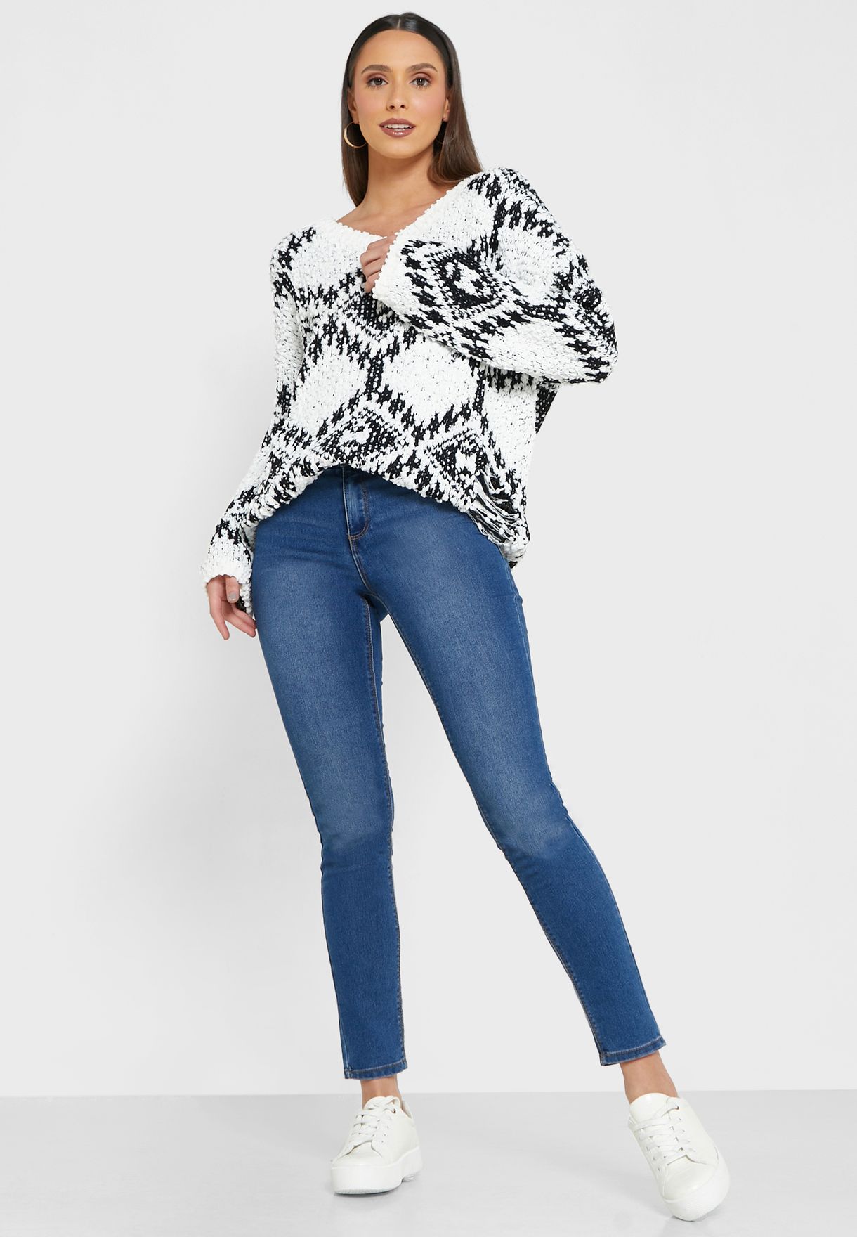 V-Neck Abstract Print Sweater