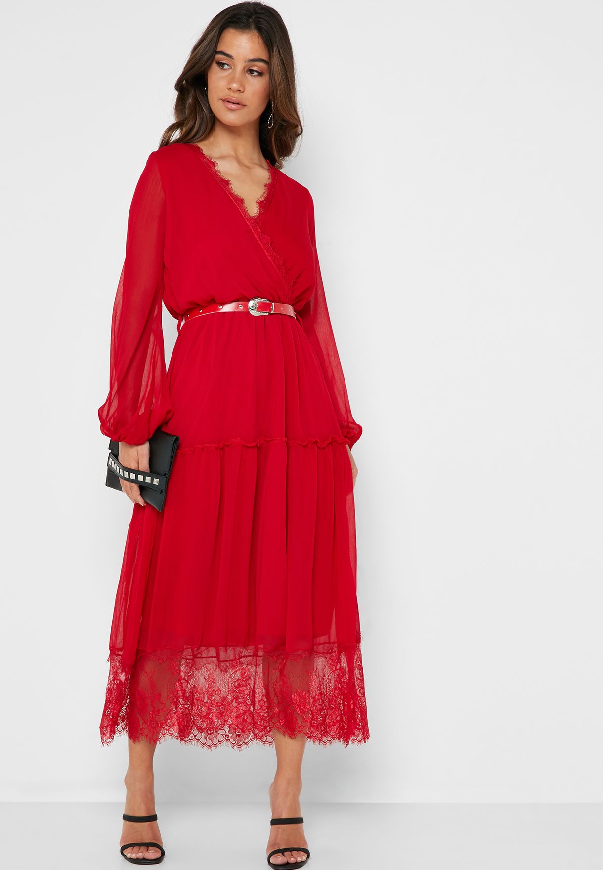 Wrap Front Lace Trim Belted Maxi Dress