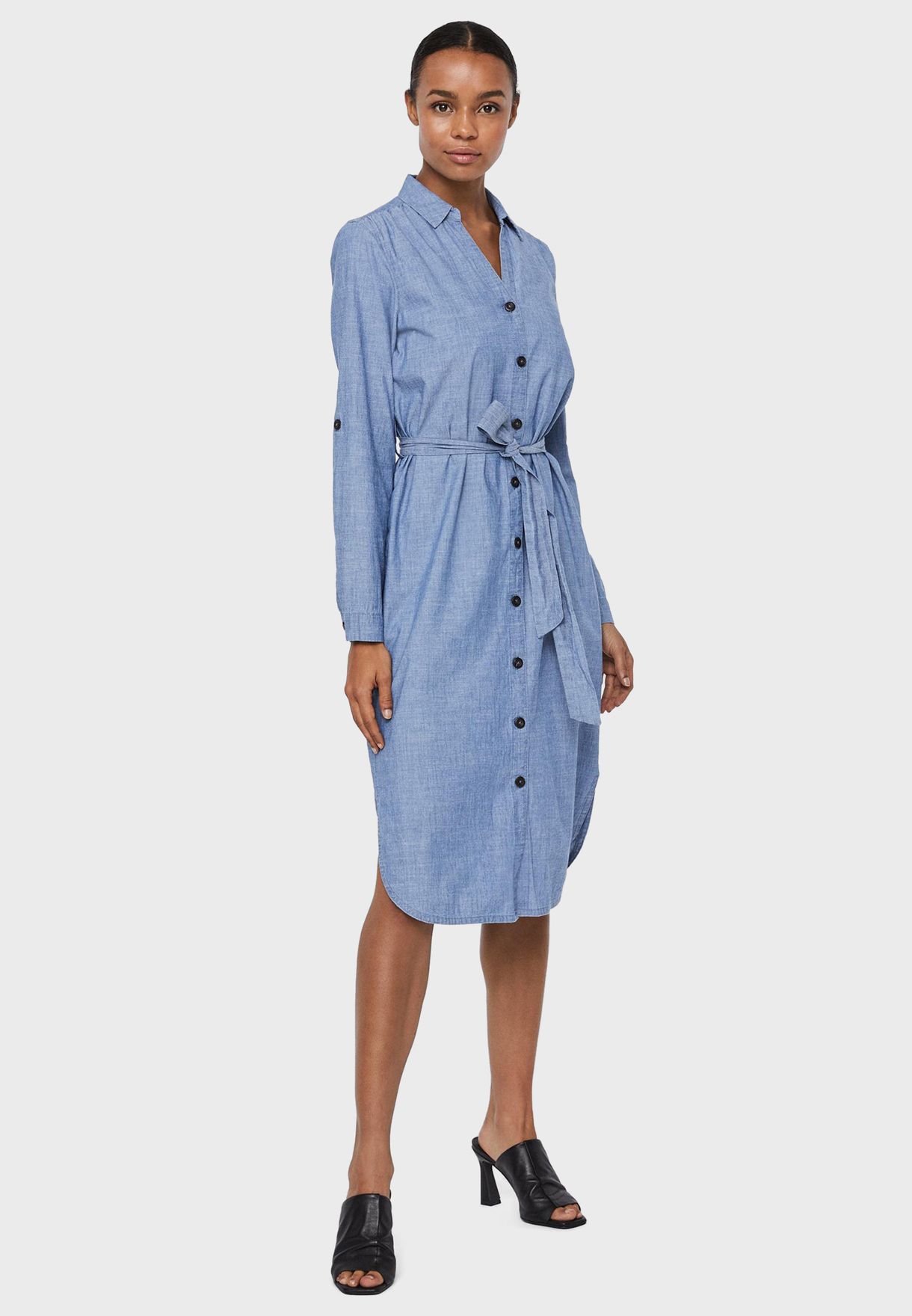 denim shirt dress with tie belt