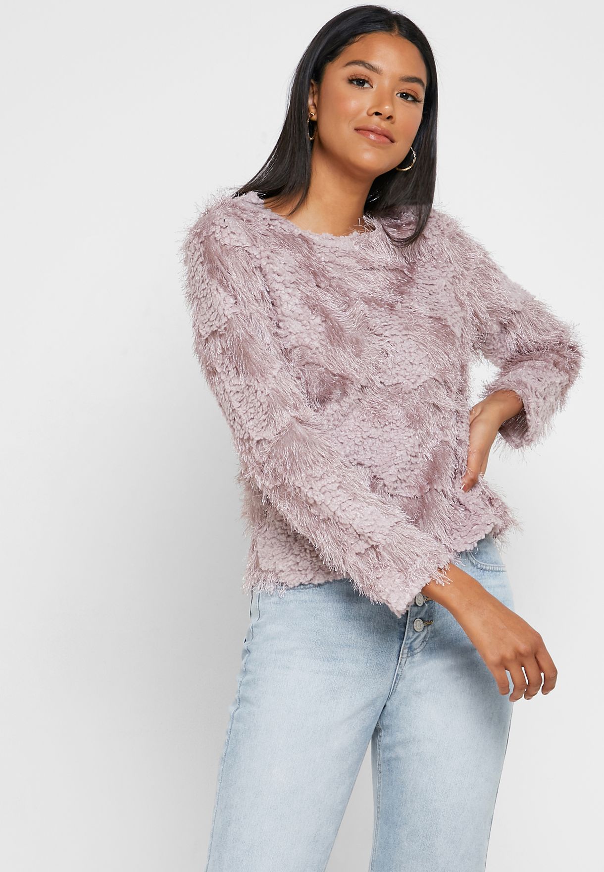 Buy Ginger pink Textured Fringed Sweater for Women in Dubai, Abu Dhabi