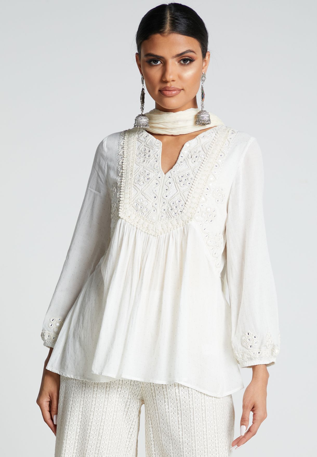 white embroidered mesh top