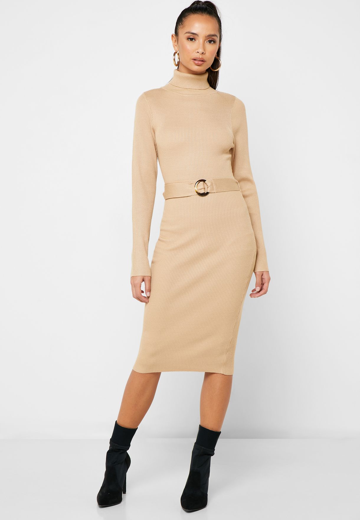 missguided high neck ribbed belted dress in beige