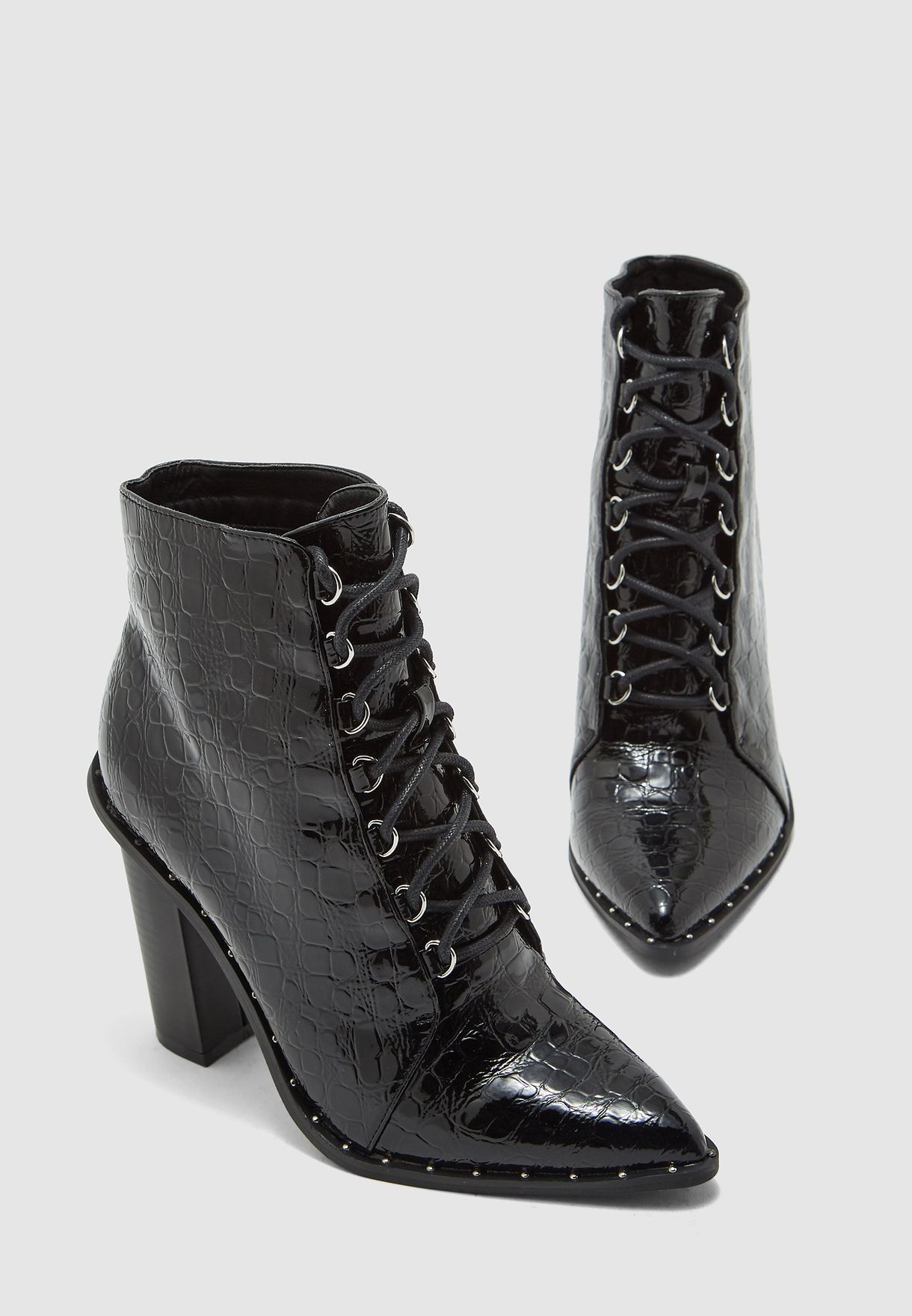 black croc lace up boots