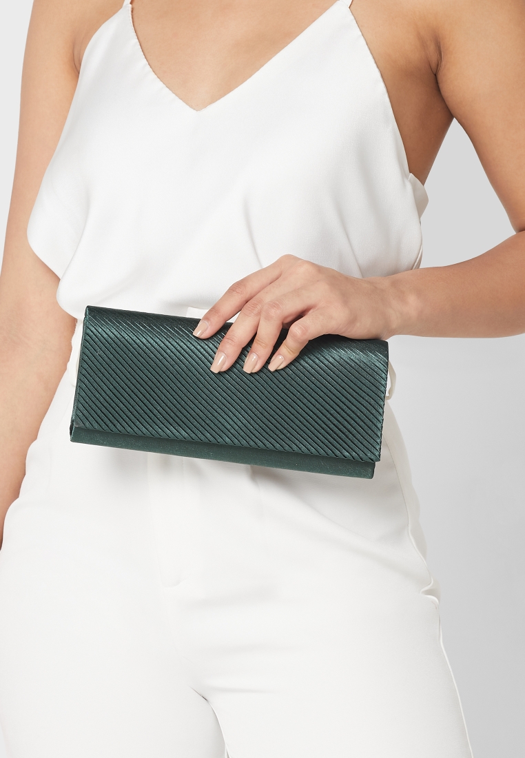 Green Pleated Satin Clutch Bag