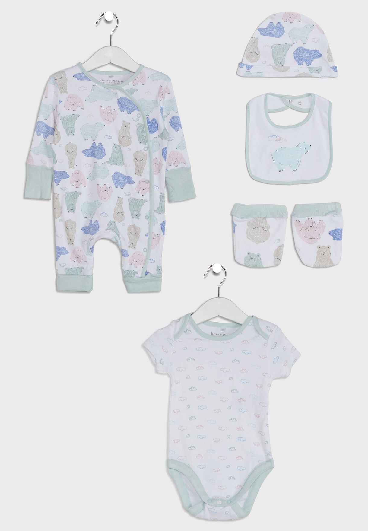 Infant Bear Print Sleepsuit + Body Hat And Bib Set