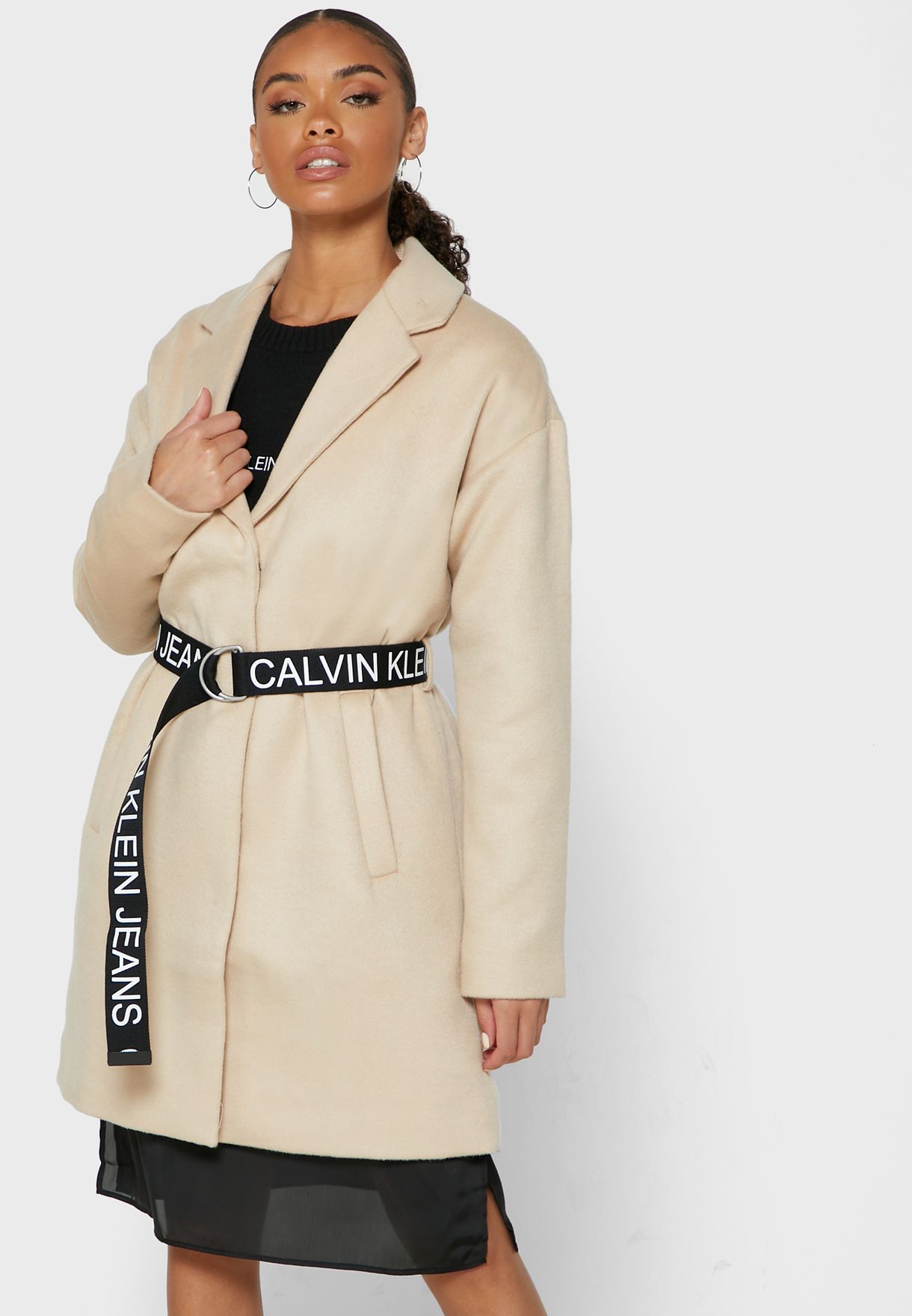 Buy Calvin Klein Jeans beige Longline Belted Coat for Women in Riyadh,  Jeddah