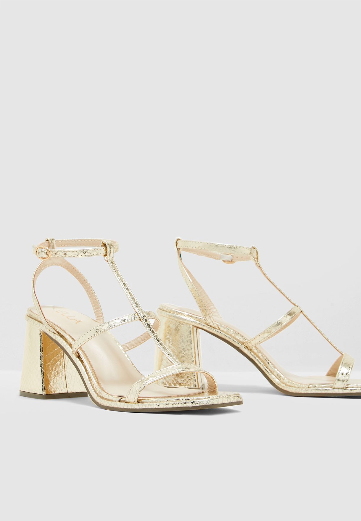 strappy gold block heels