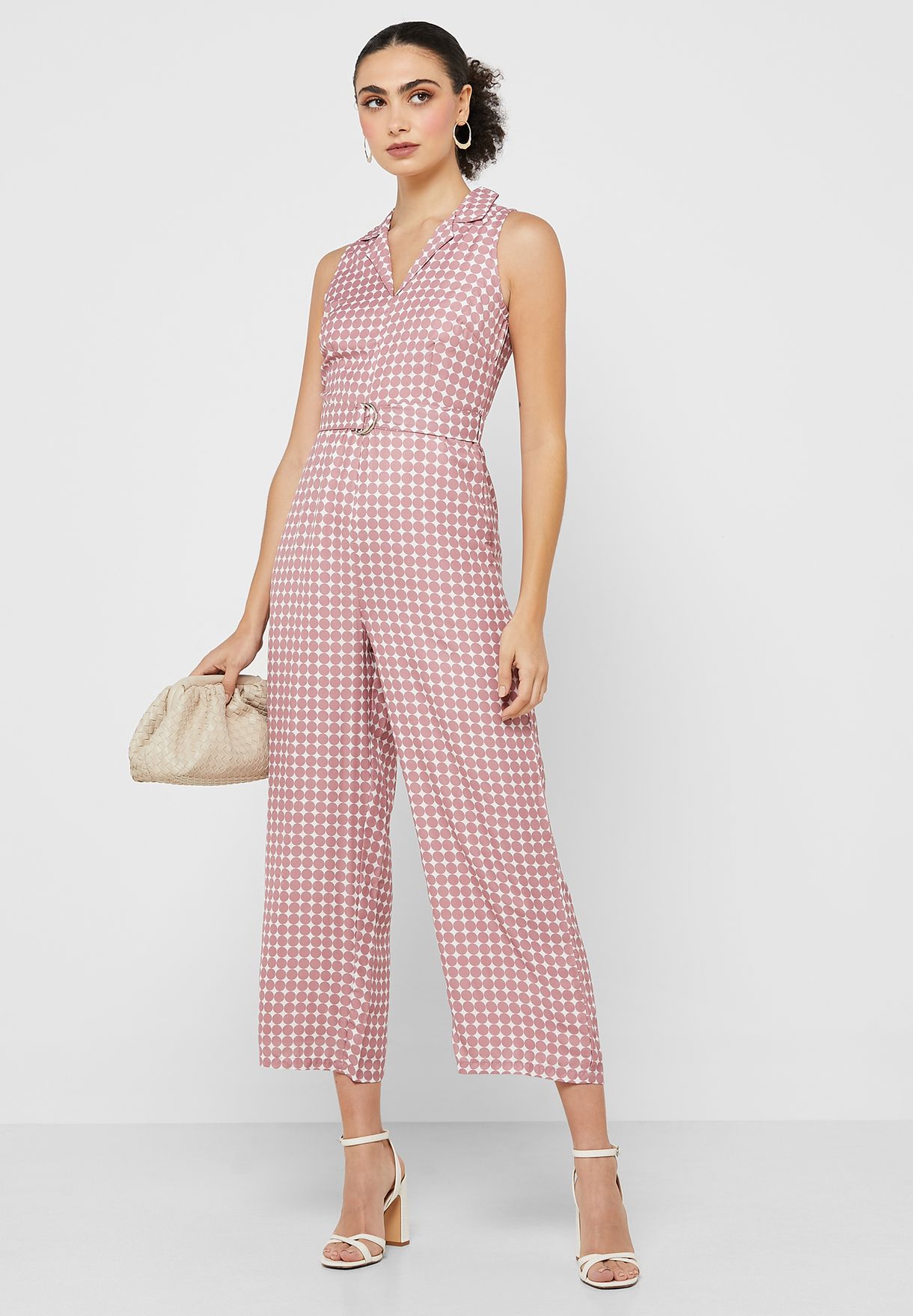 Polka Collared Belted Jumpsuit