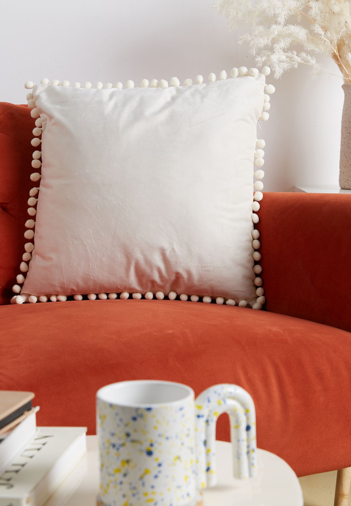 White Pom Pom Cushion With Insert 45X45Cm