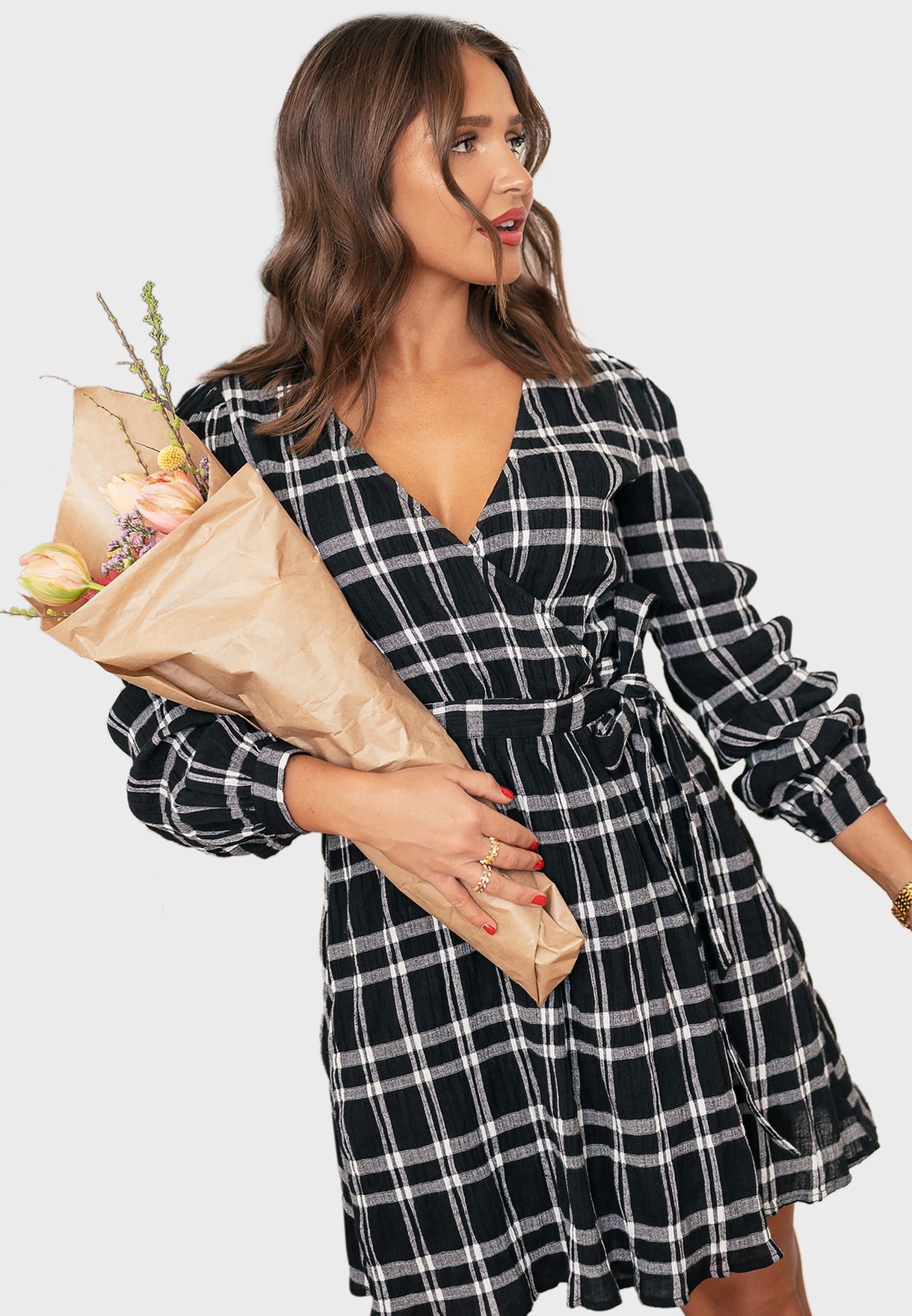 checked wrap dress