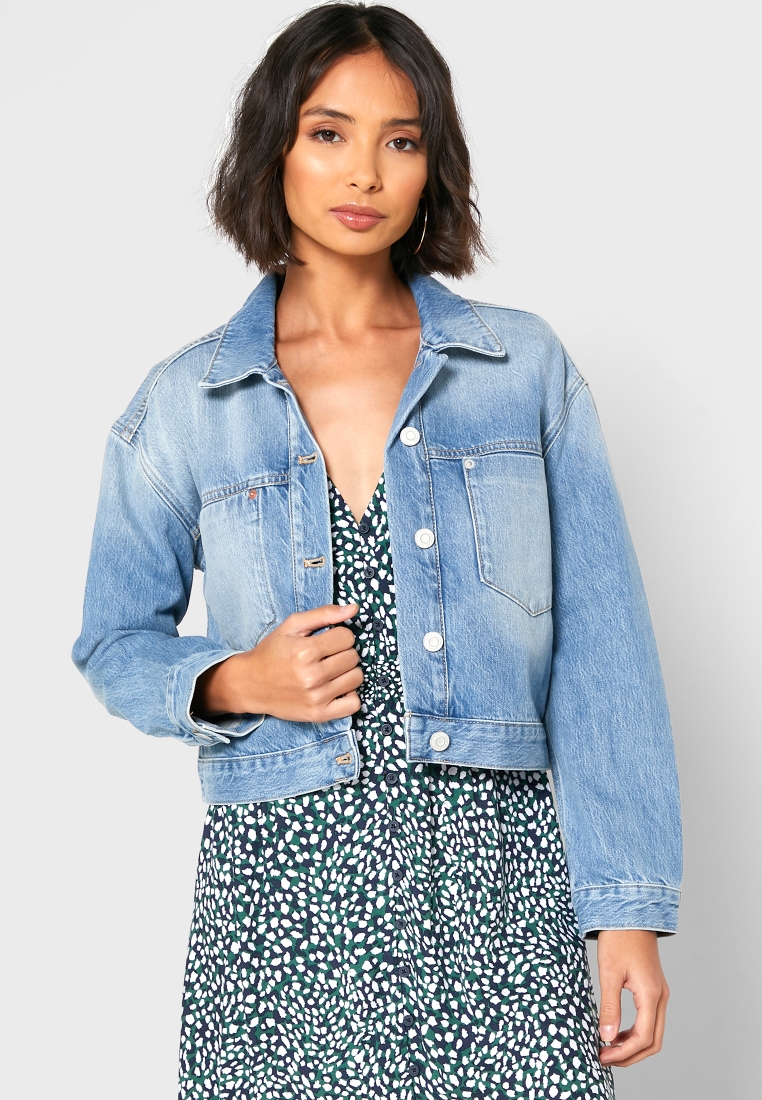 French Connection Patched Denim Cropped Jacket - Blue