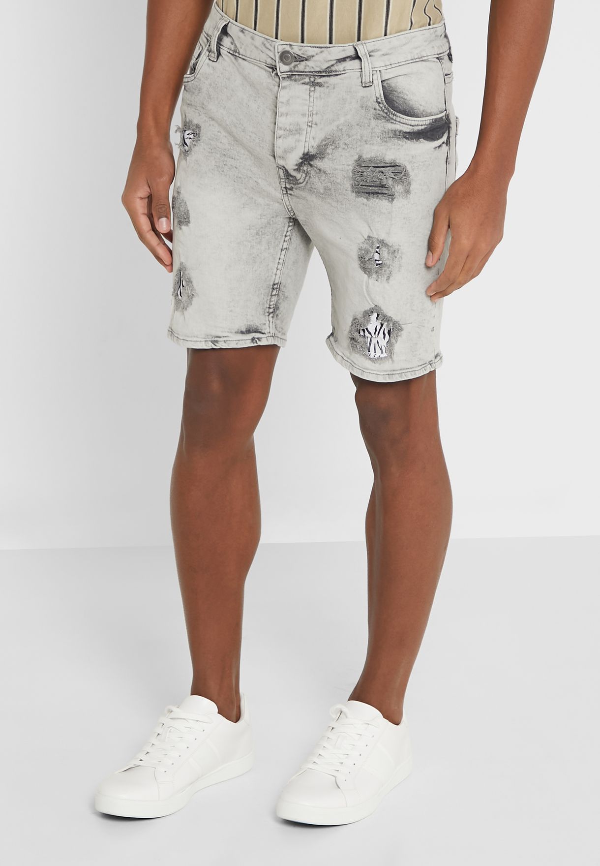Zebra Print Ripped Denim Shorts
