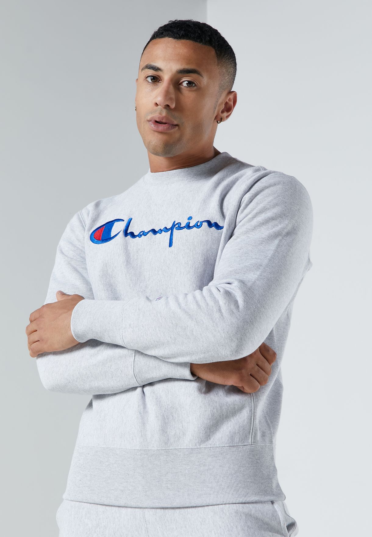 champion reverse weave big script crew sweat