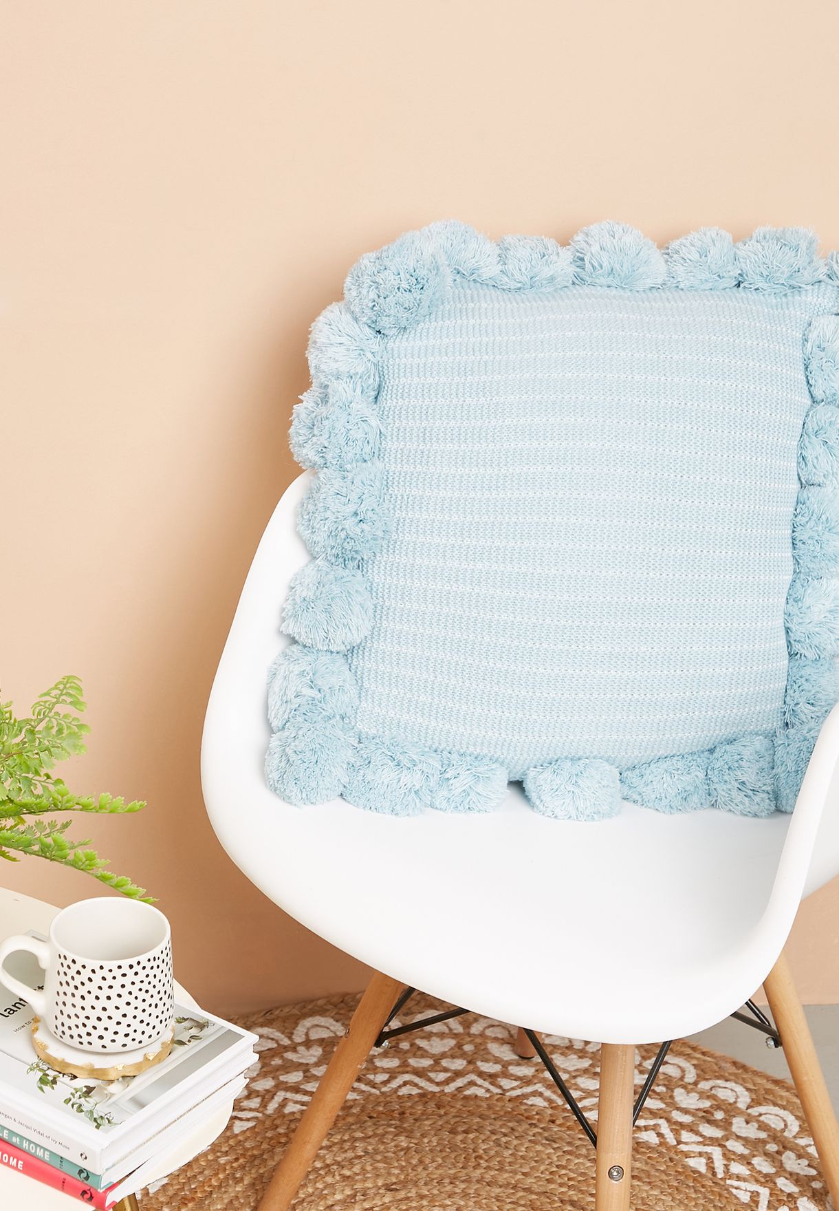 Blue Pom Pom Cushion With Insert 45X45Cm