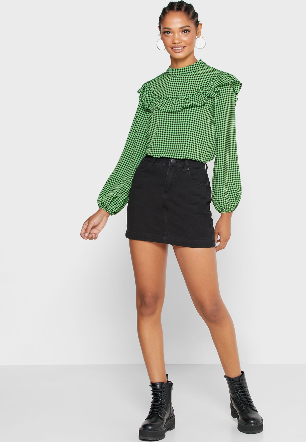 Checked Ruffle Detail Top