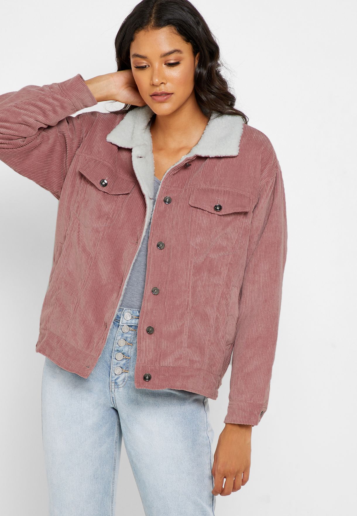 Buy Ginger pink Borg Lined Corduroy Jacket for Women in MENA, Worldwide | NR29-2093