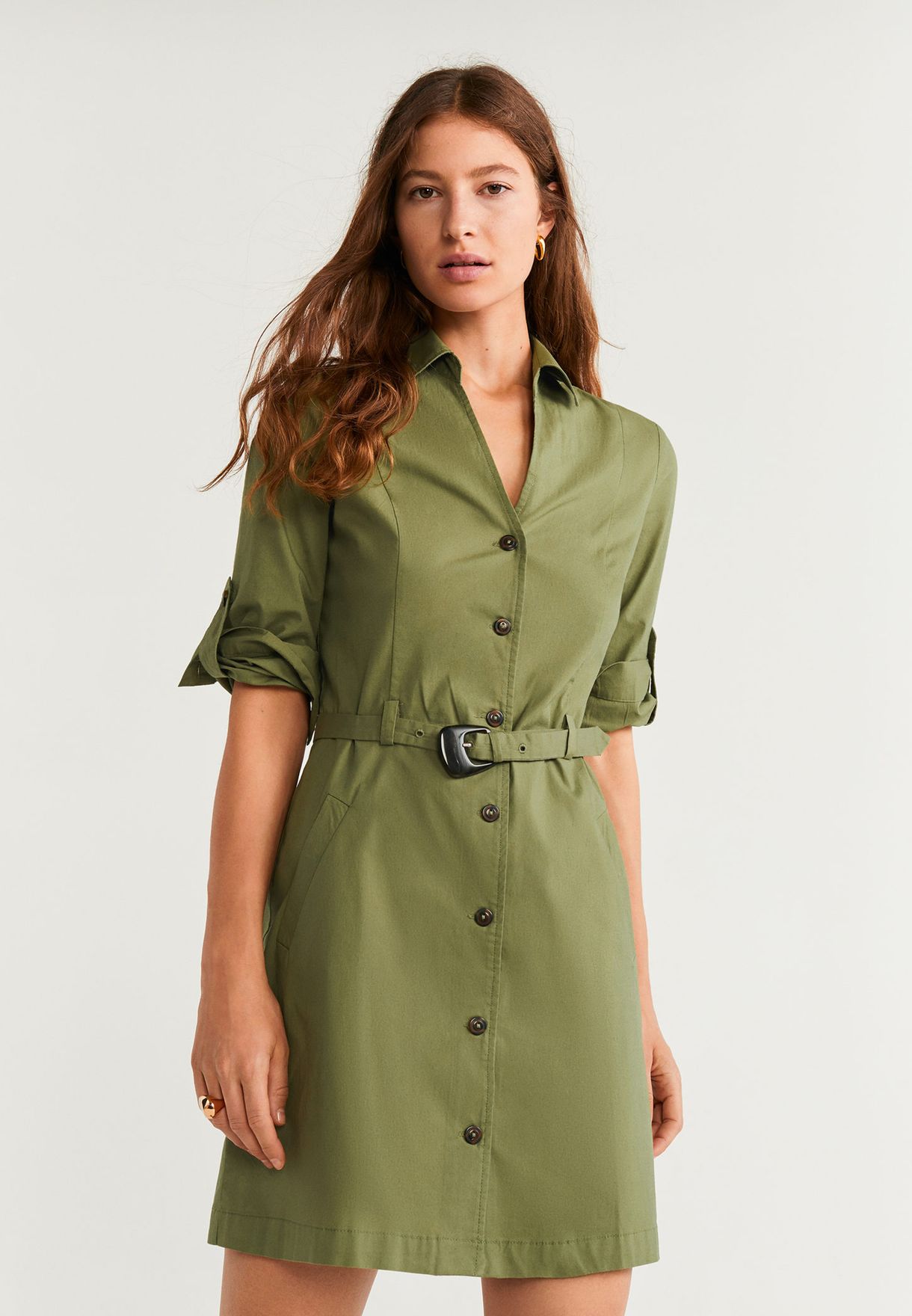 belted button down dress