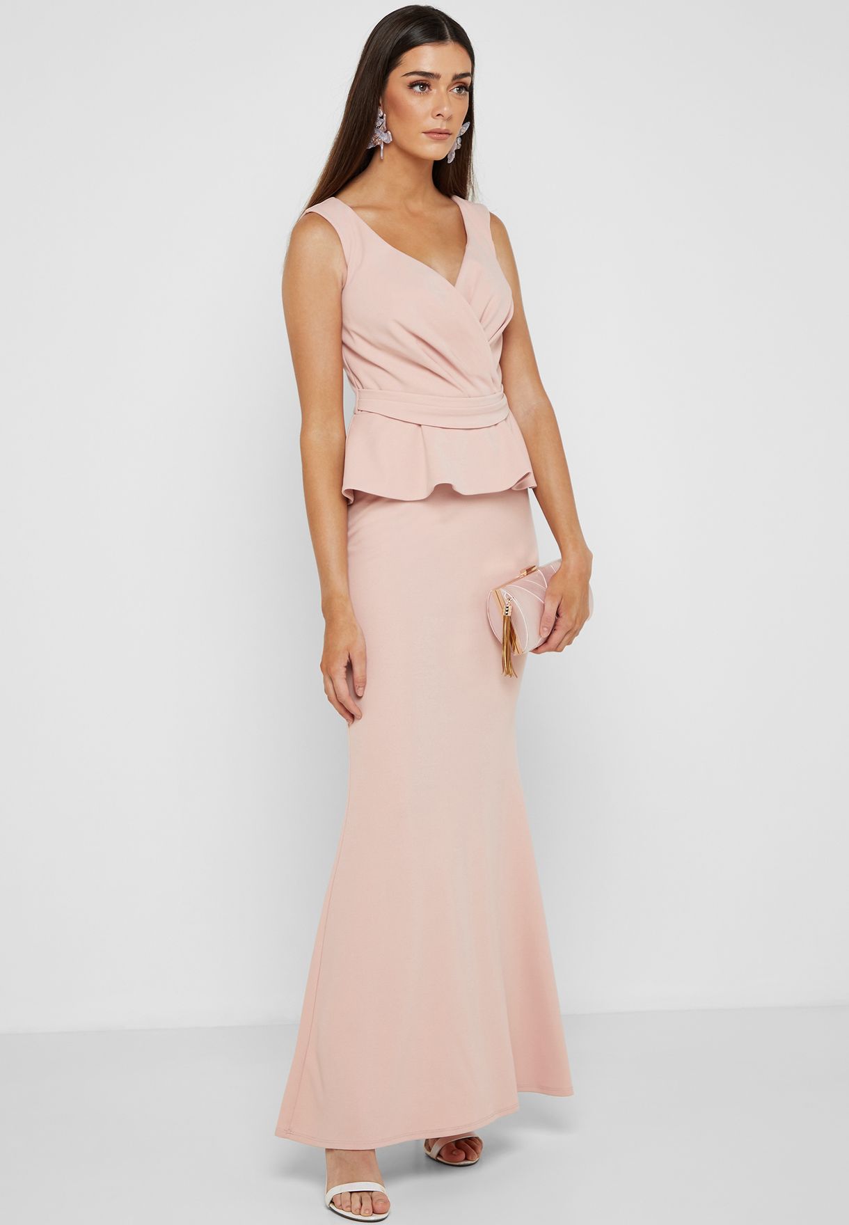 Quiz pink Bardot Wrap Peplum Maxi Dress ...