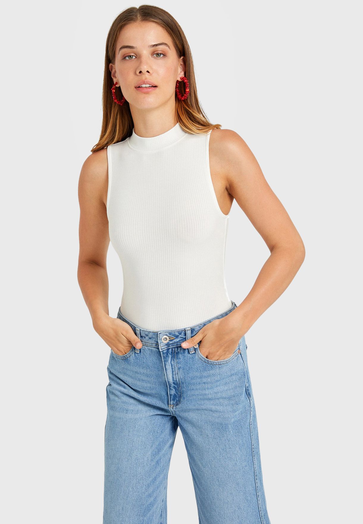 white ribbed mock neck top