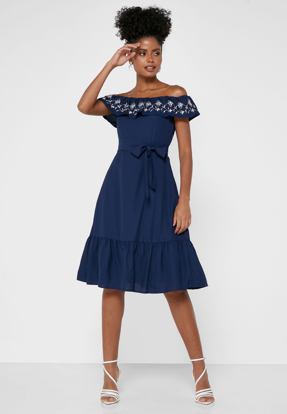 navy off the shoulder midi dress