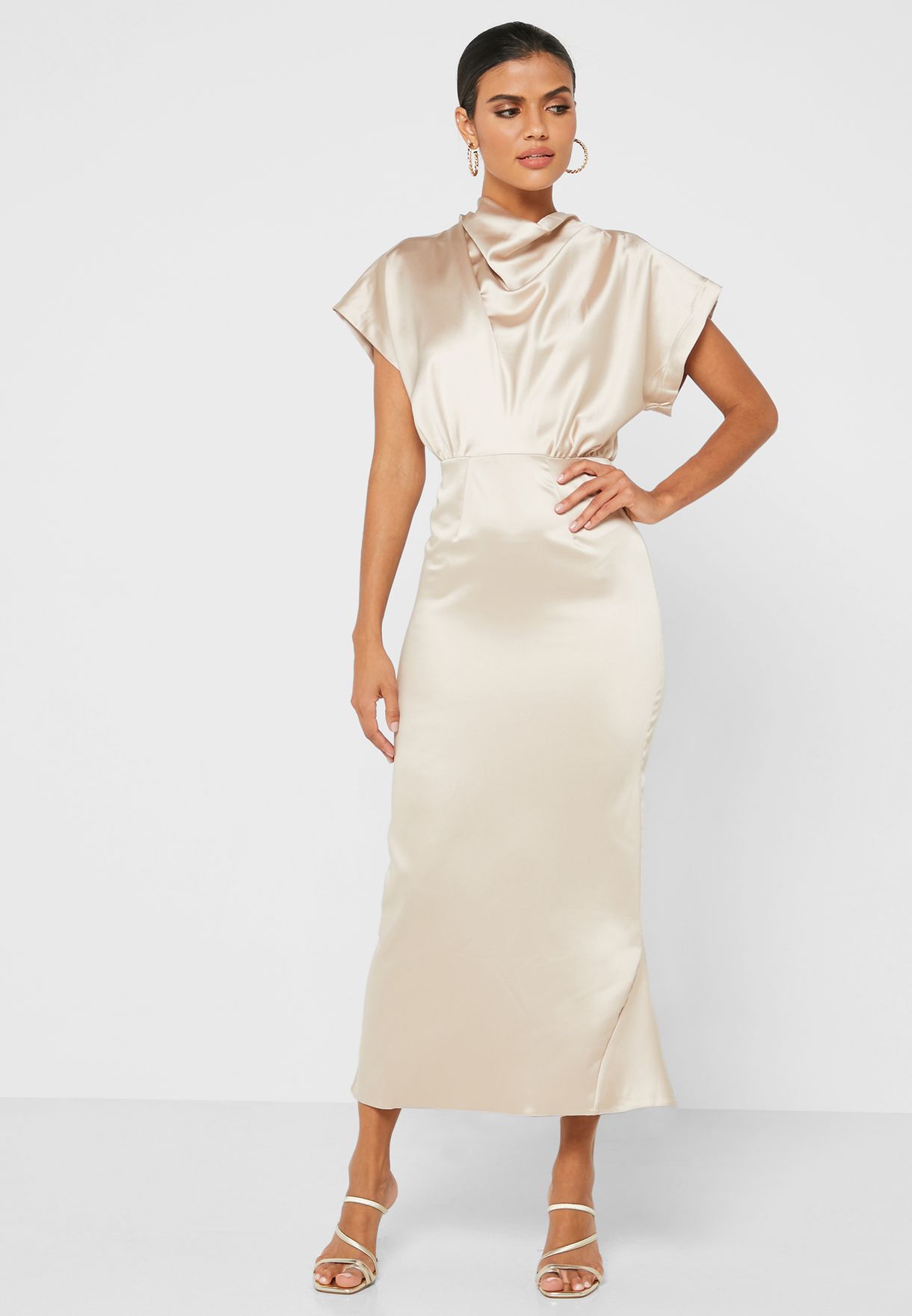 white cowl neck dress with sleeves