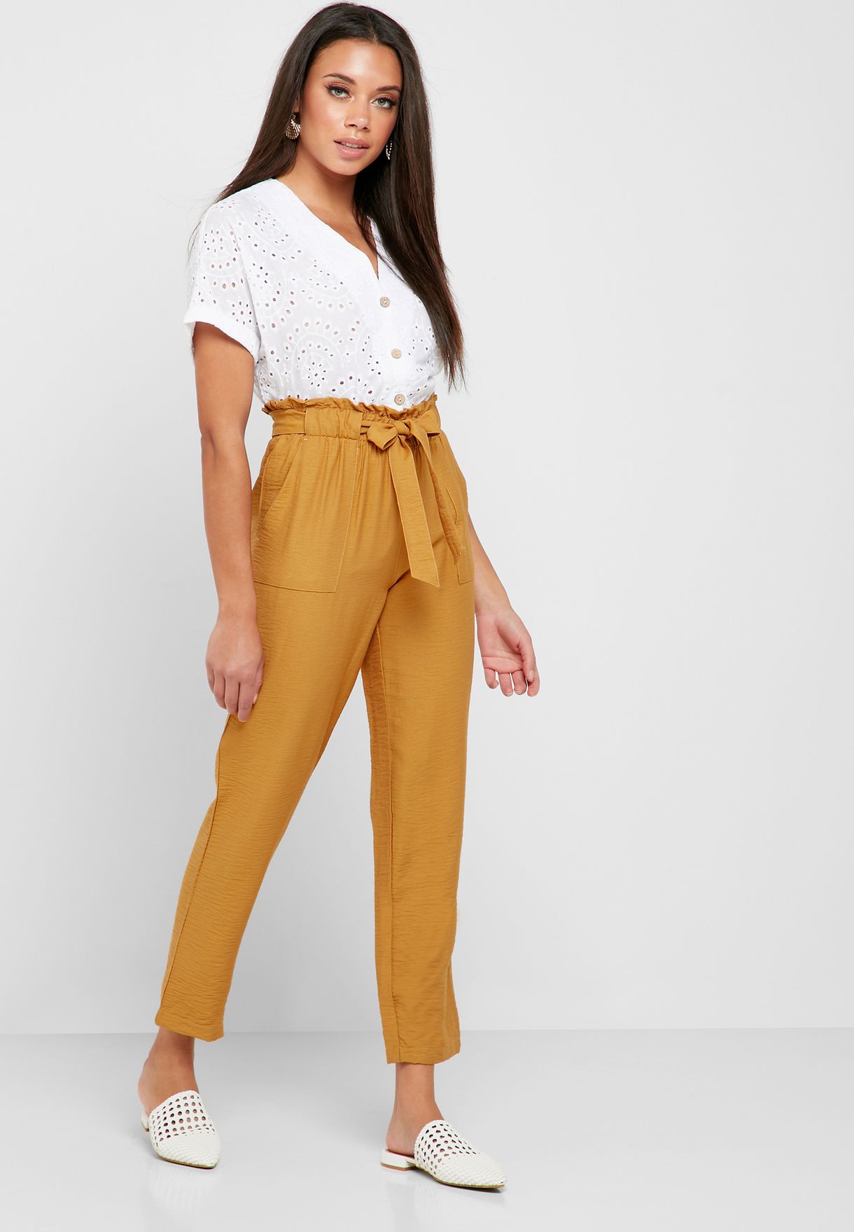 High Waist Belted Paperbag Trousers in Yellow
