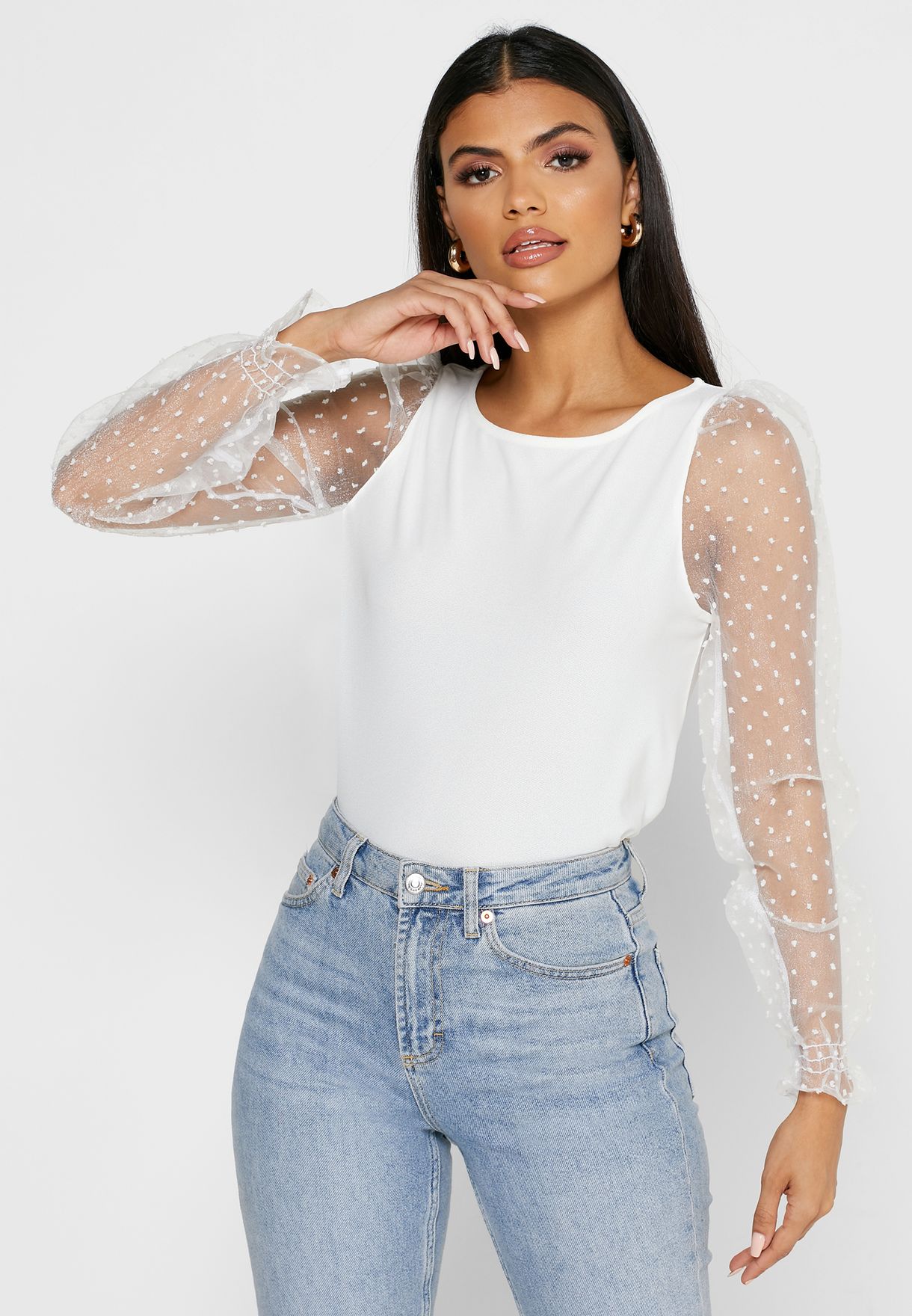 white mesh sleeve top