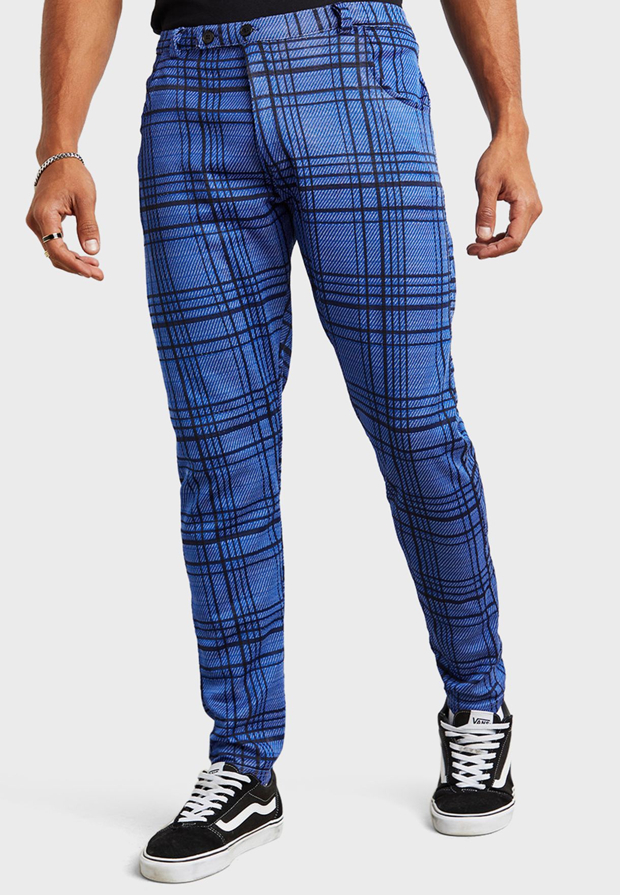 Slim Fit Checked Trousers With Belt Loops