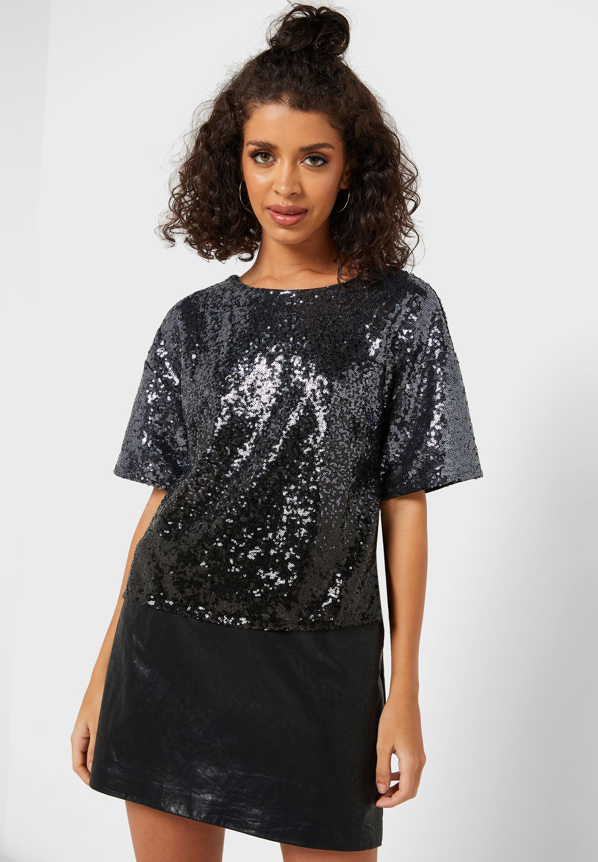 black sequin short sleeve top