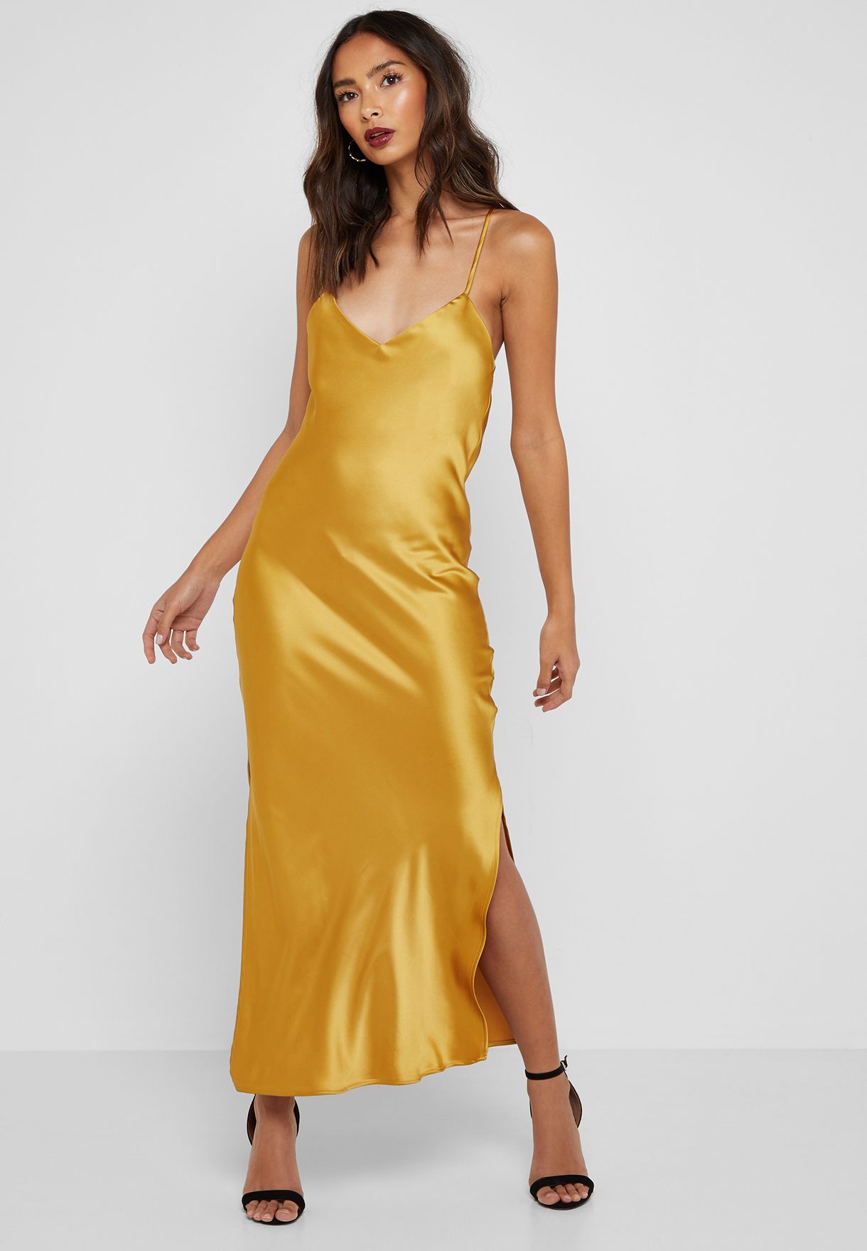 yellow satin slip dress