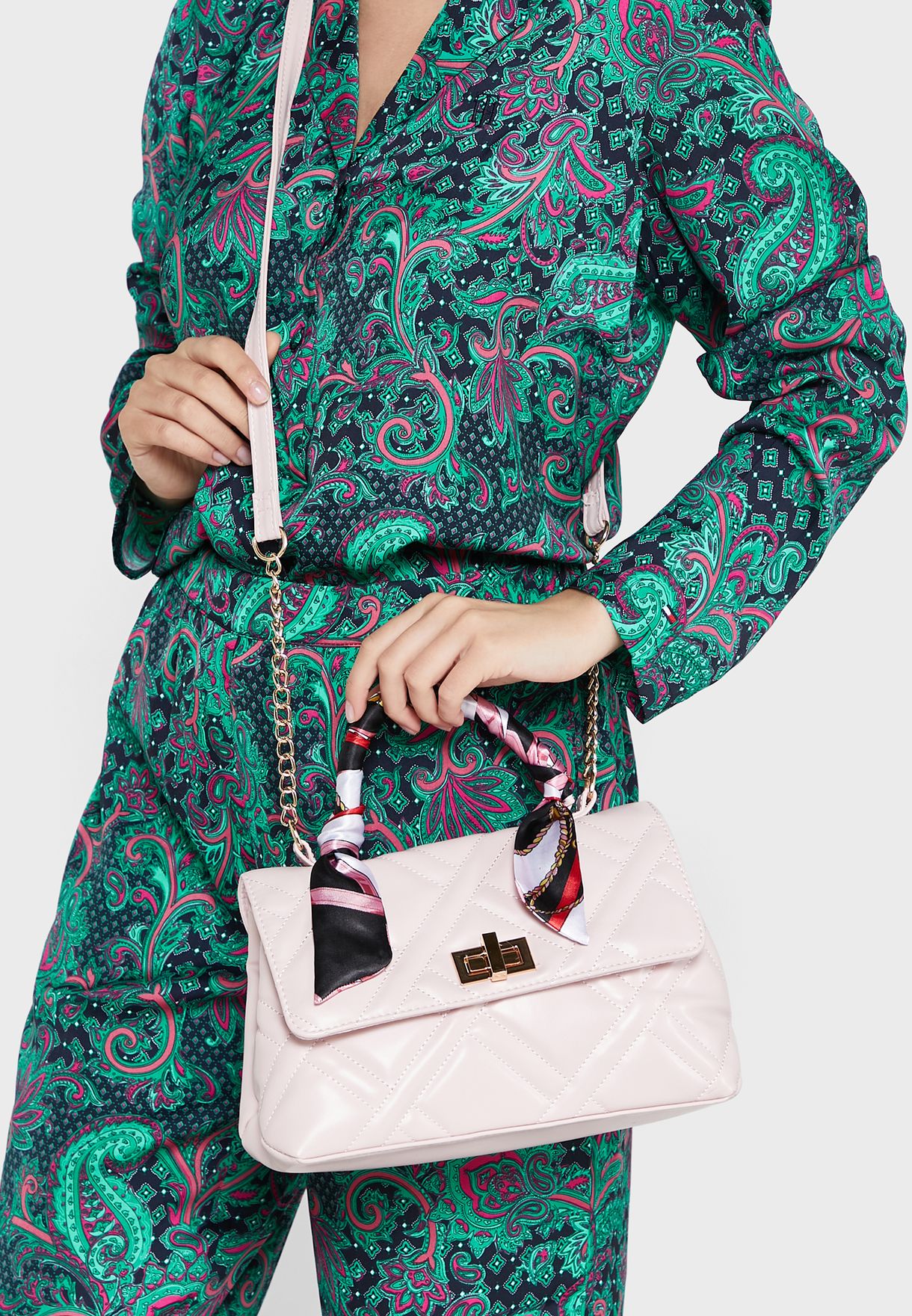 Quilted Satchel Handbag With Scarf Tie Handle