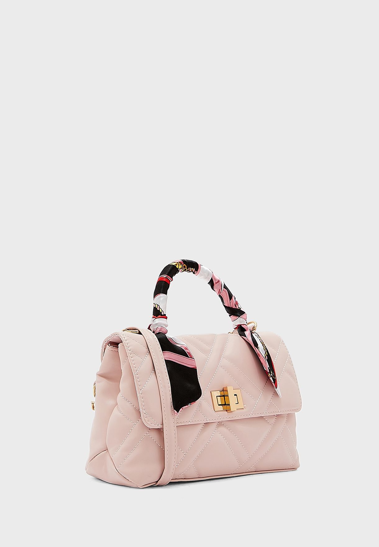 Quilted Satchel Handbag With Scarf Tie Handle