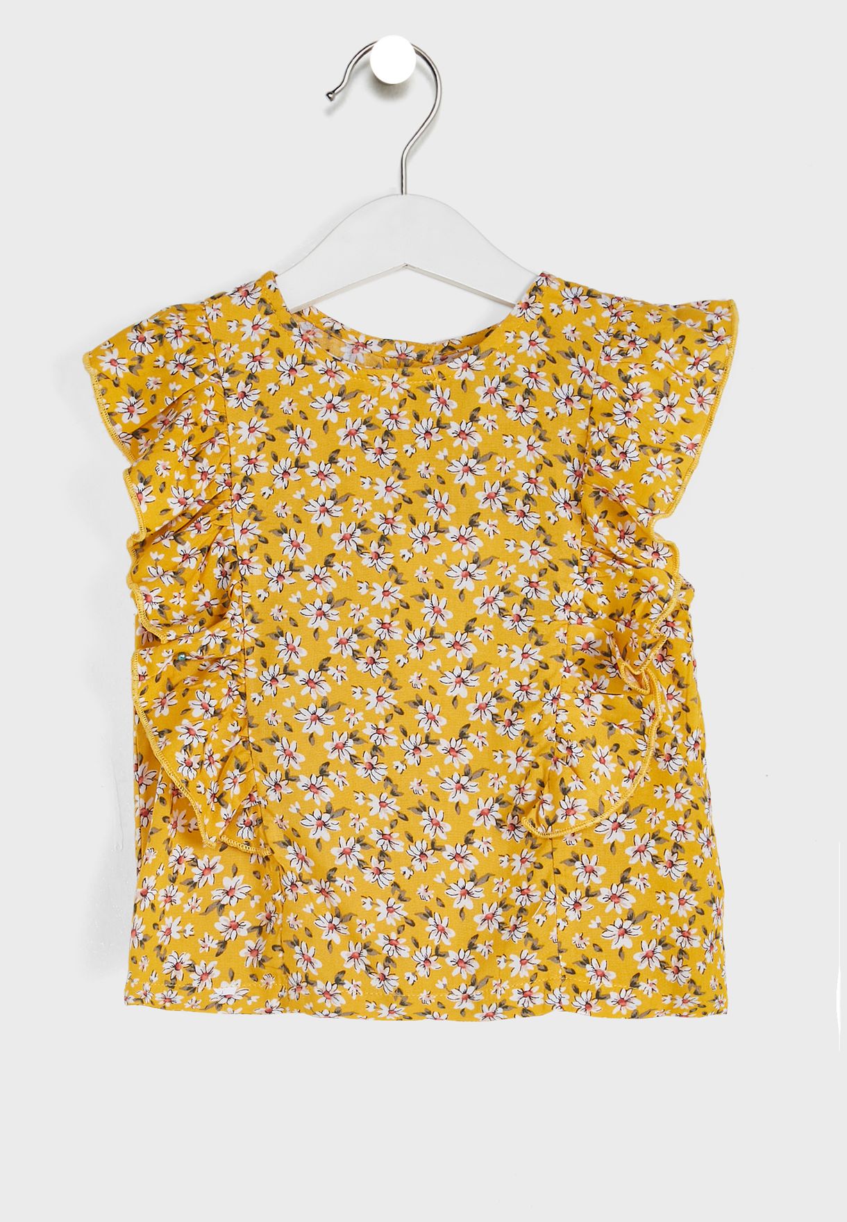 Girls Yellow Printed Top And White Shorts
