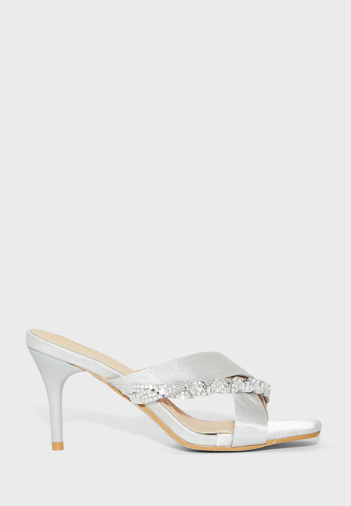 Jewelled Crossover Strap Mule Sandals Silver 