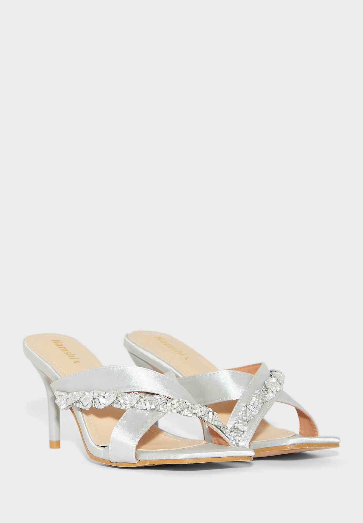 Jewelled Crossover Strap Mule Sandals Silver 