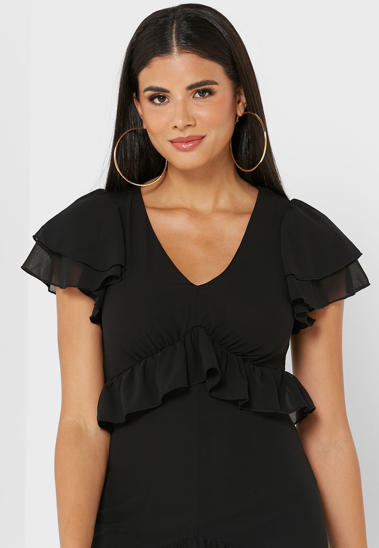 Plunge Neck Ruffle Detail Front Split Dress