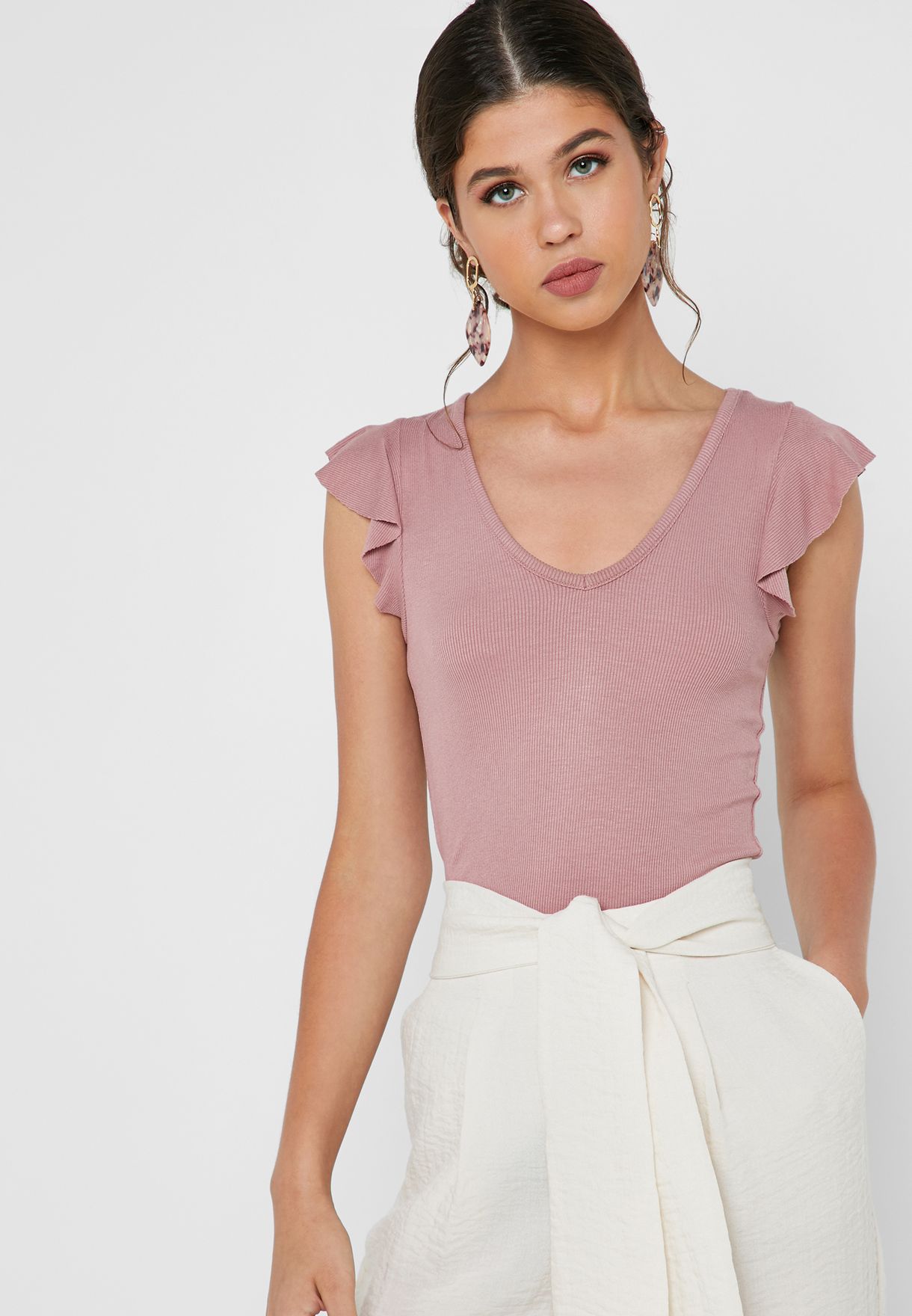 v neck ruffle sleeve top