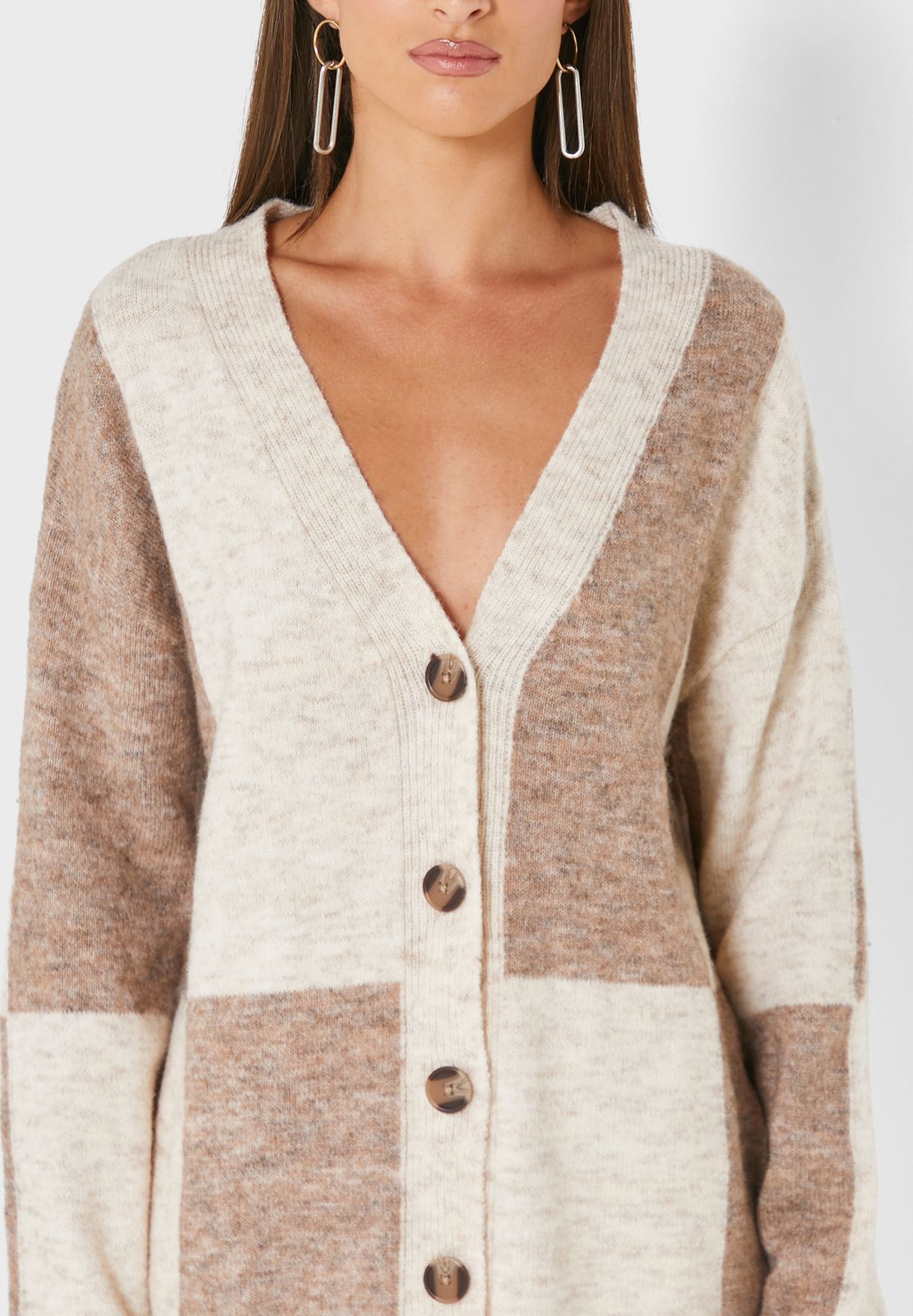V-Neck Colorblock Knitted Cardigan