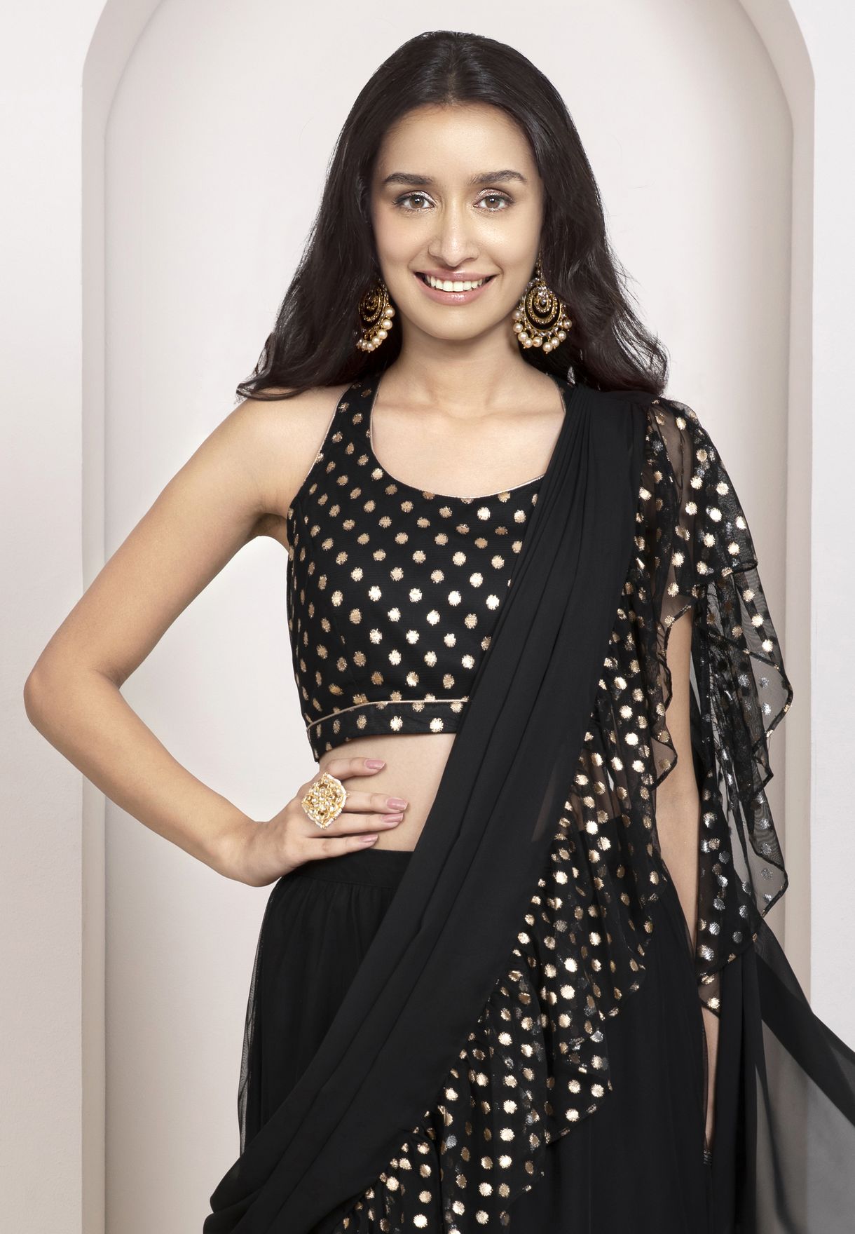 Buy Indya black Indya X Shraddha Kapoor Polka Dot Halter Neck Crop Top ...