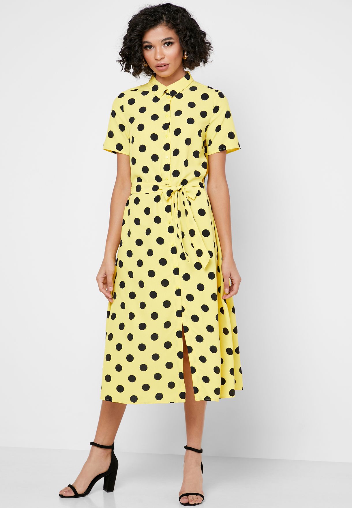 Shop Vila Yellow Tie Waist Button Down Polka Dot Dress 14053464