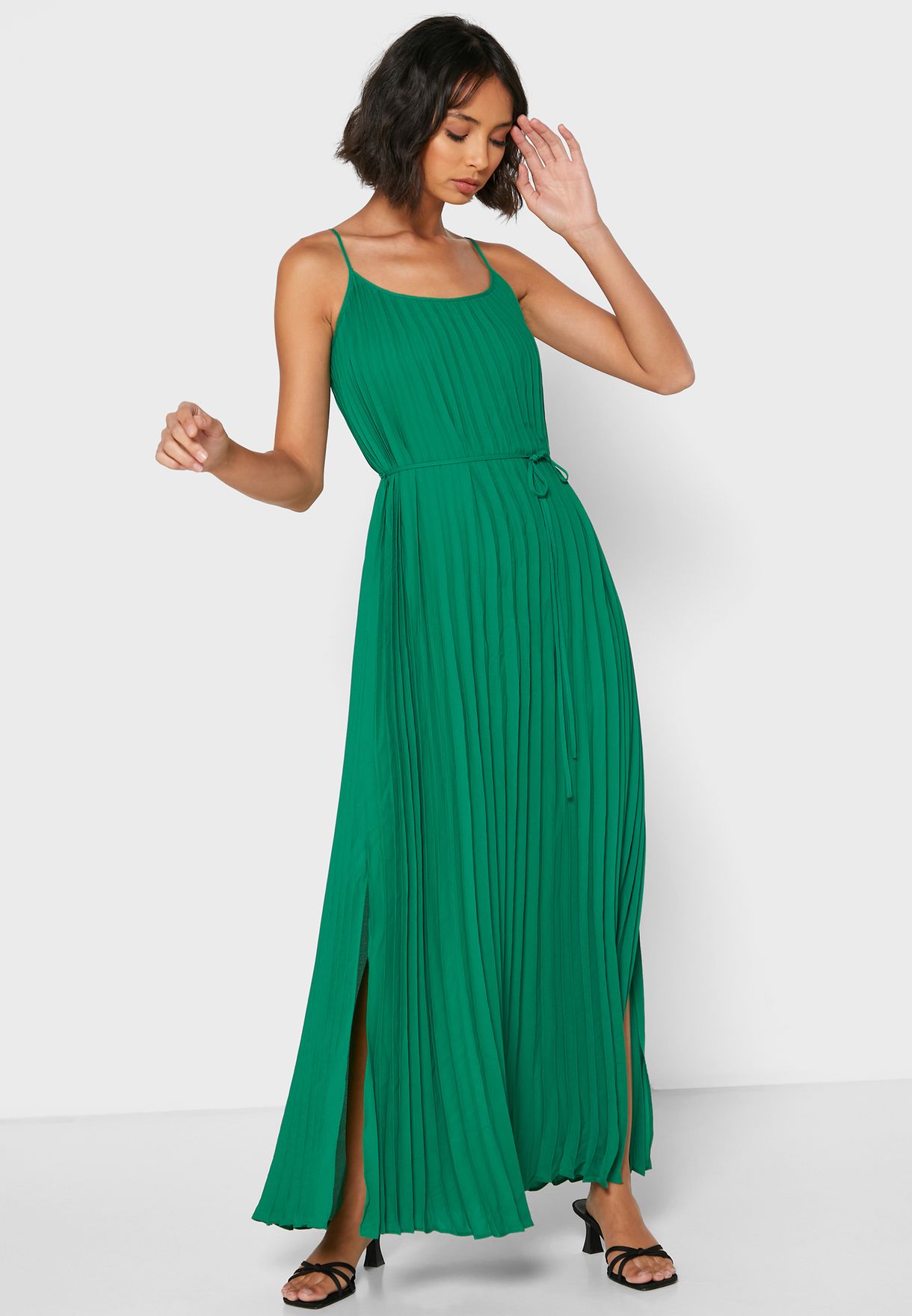 dark green tie waist plisse midi dress