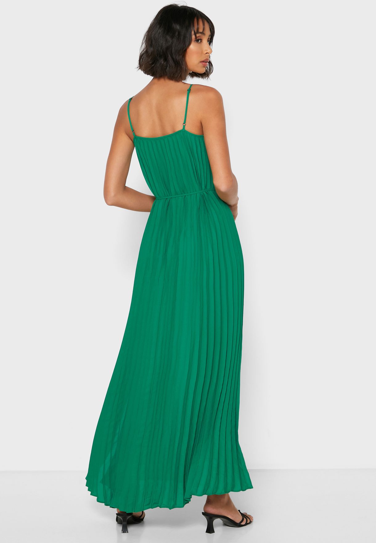 dark green tie waist plisse midi dress