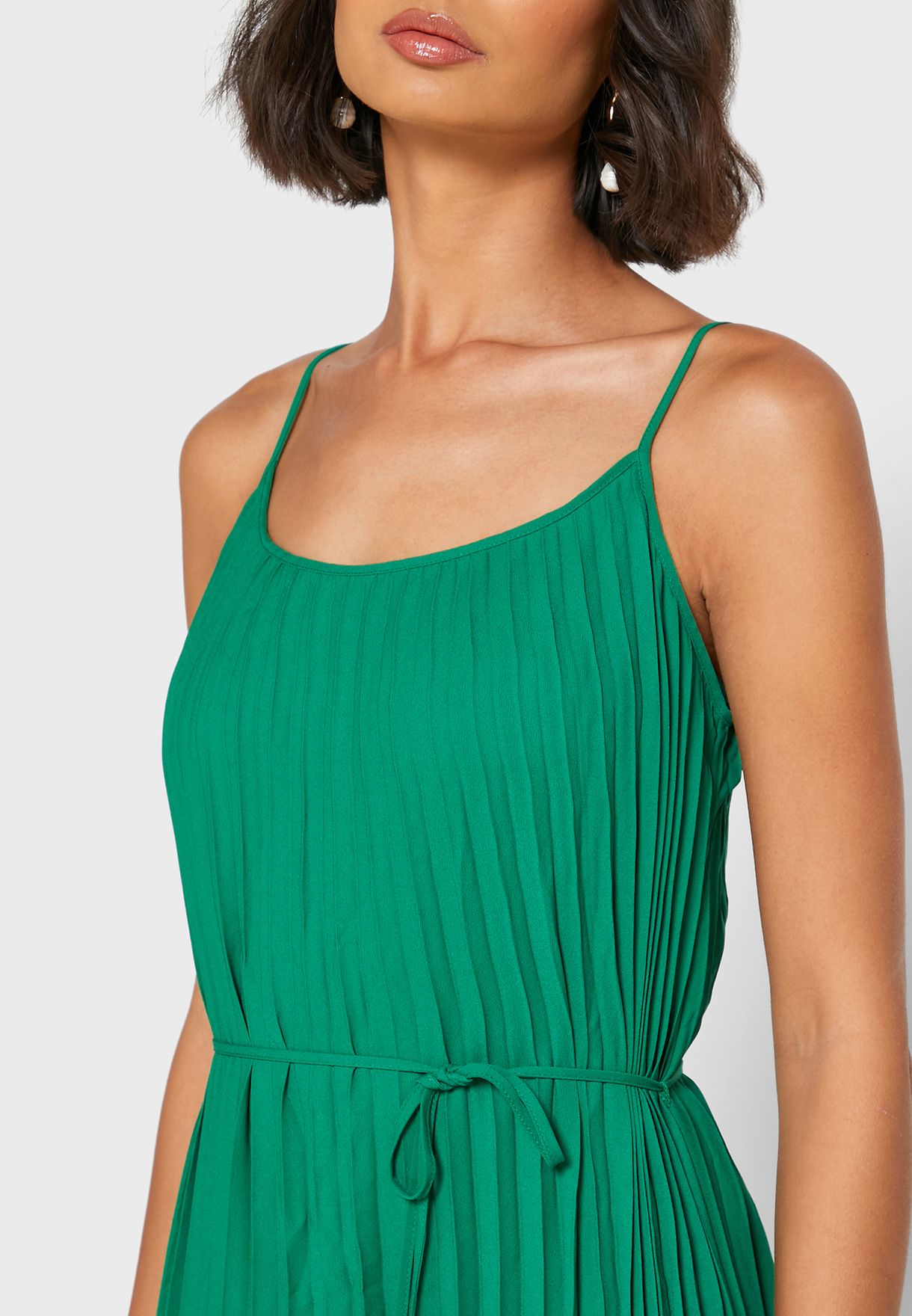 dark green tie waist plisse midi dress